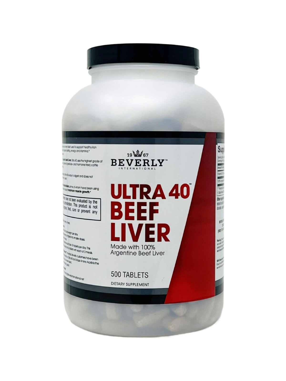 Beverly International Ultra 40 desiccated beef liver bottle front label for muscle support