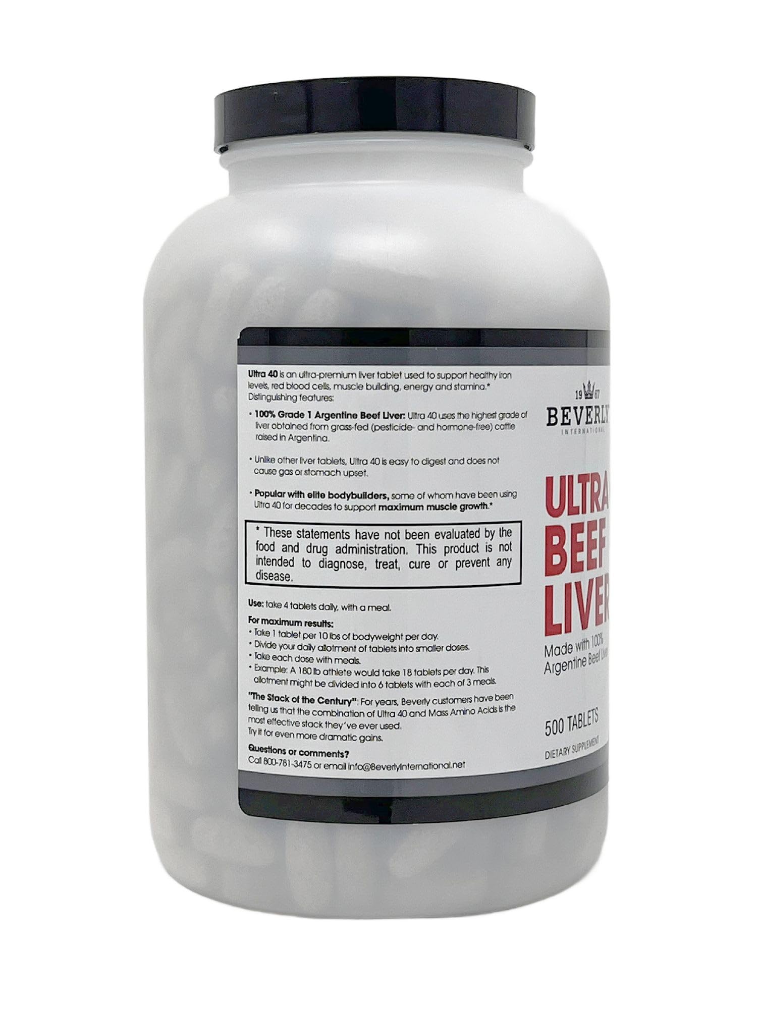 Beverly International Ultra 40 bottle in hand shows convenient 500-tab supply for workouts