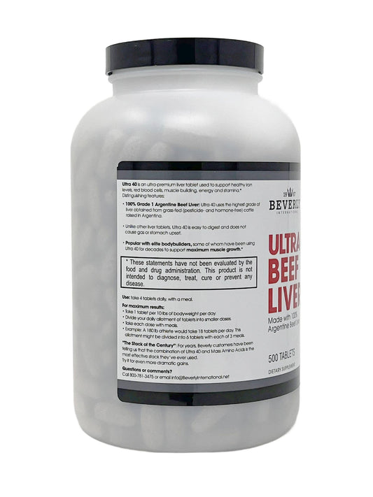 Beverly International Ultra 40 bottle in hand shows convenient 500-tab supply for workouts
