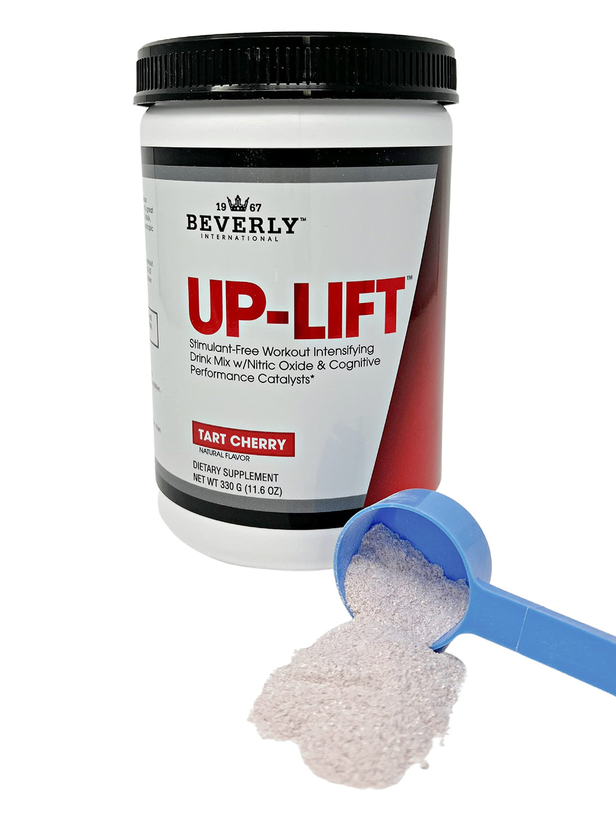 Beverly International Up-Lift bottle closeup showing stimulant-free energy for workouts.