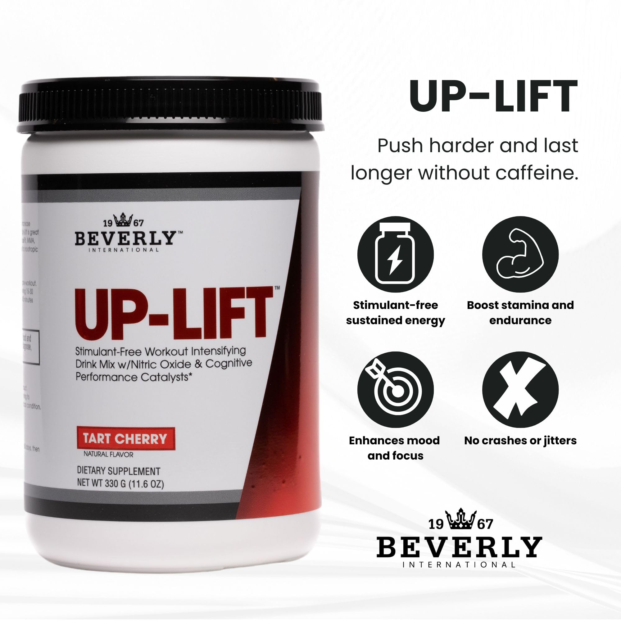 Beverly International Up-Lift label detail highlighting clean ingredient philosophy.