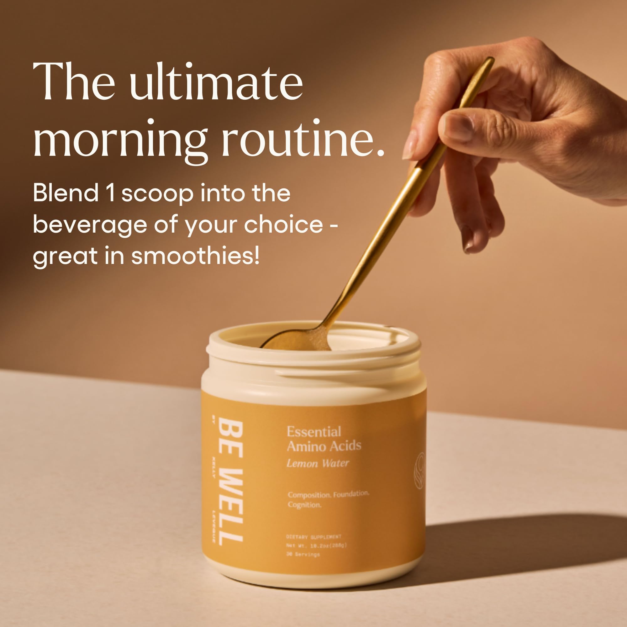 Be Well by Kelly amino acids scoop showing serving size for clean energy