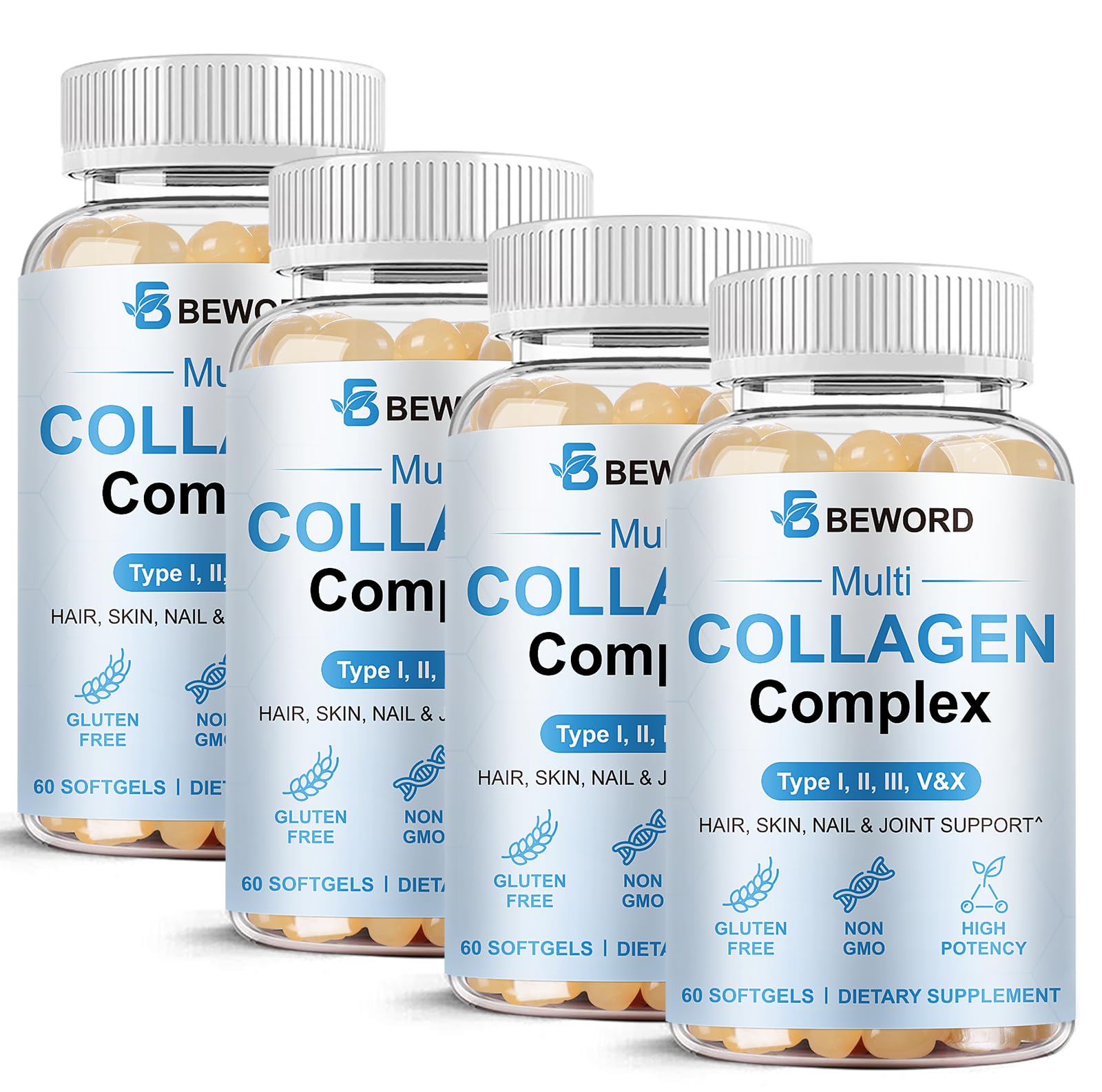 BEWORD Multi Collagen bottle label highlights 8-in-1 blend for skin and joints
