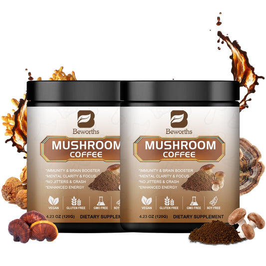 Beworths mushroom coffee bag packaging highlighting the 10-mushroom blend for daily energy