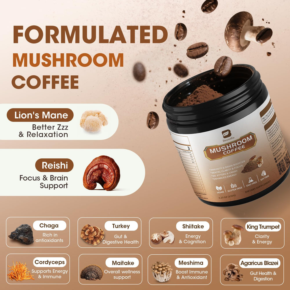 Beworths mushroom coffee cup steaming for a warm, low-caffeine morning boost