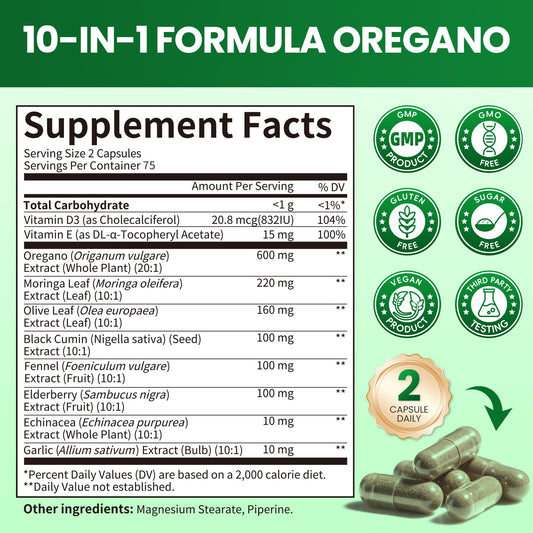 B BEWORTHS oregano oil capsules ready to swallow for gut balance.