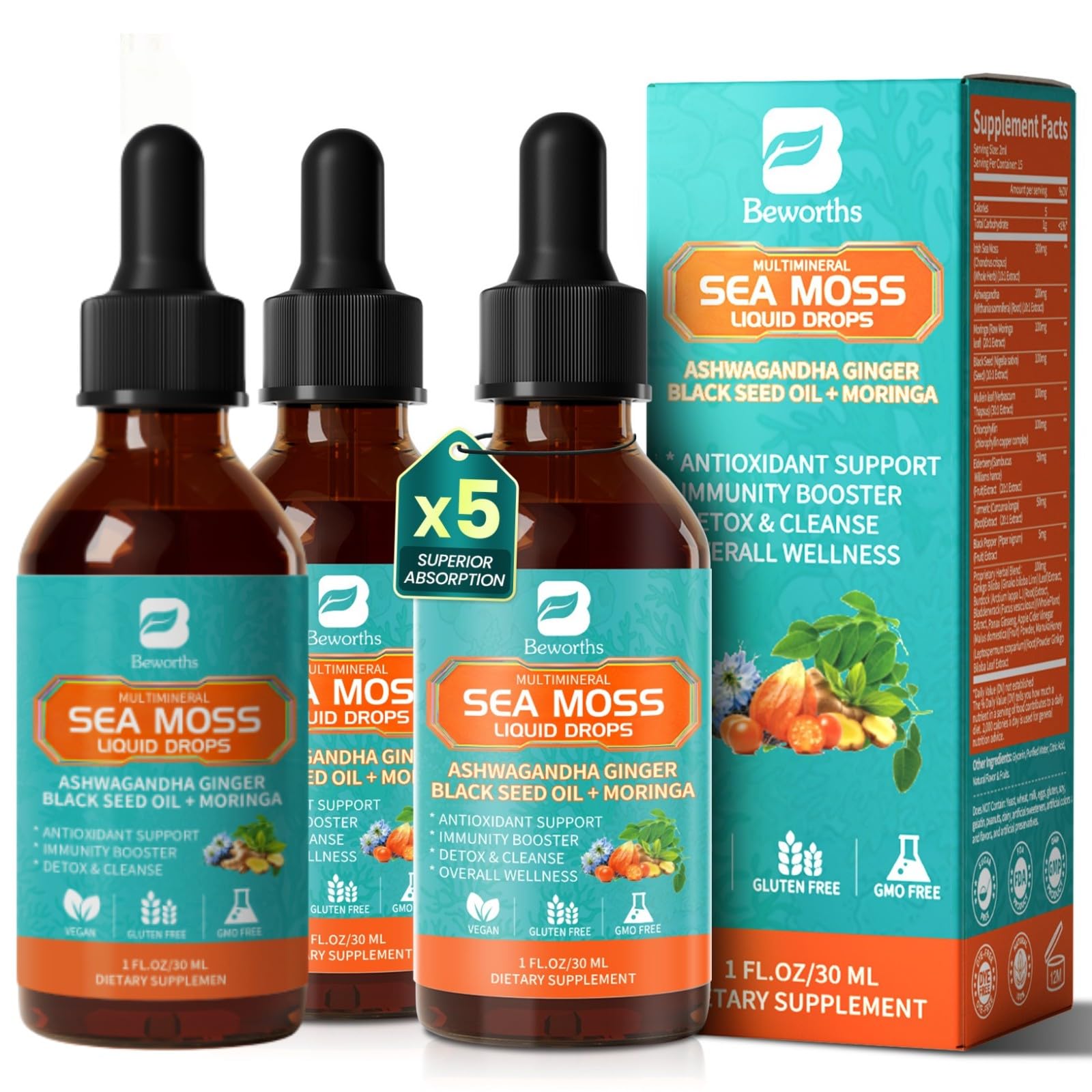 B BEWORTHS Sea Moss Drops bottle with chlorophyll for immune support