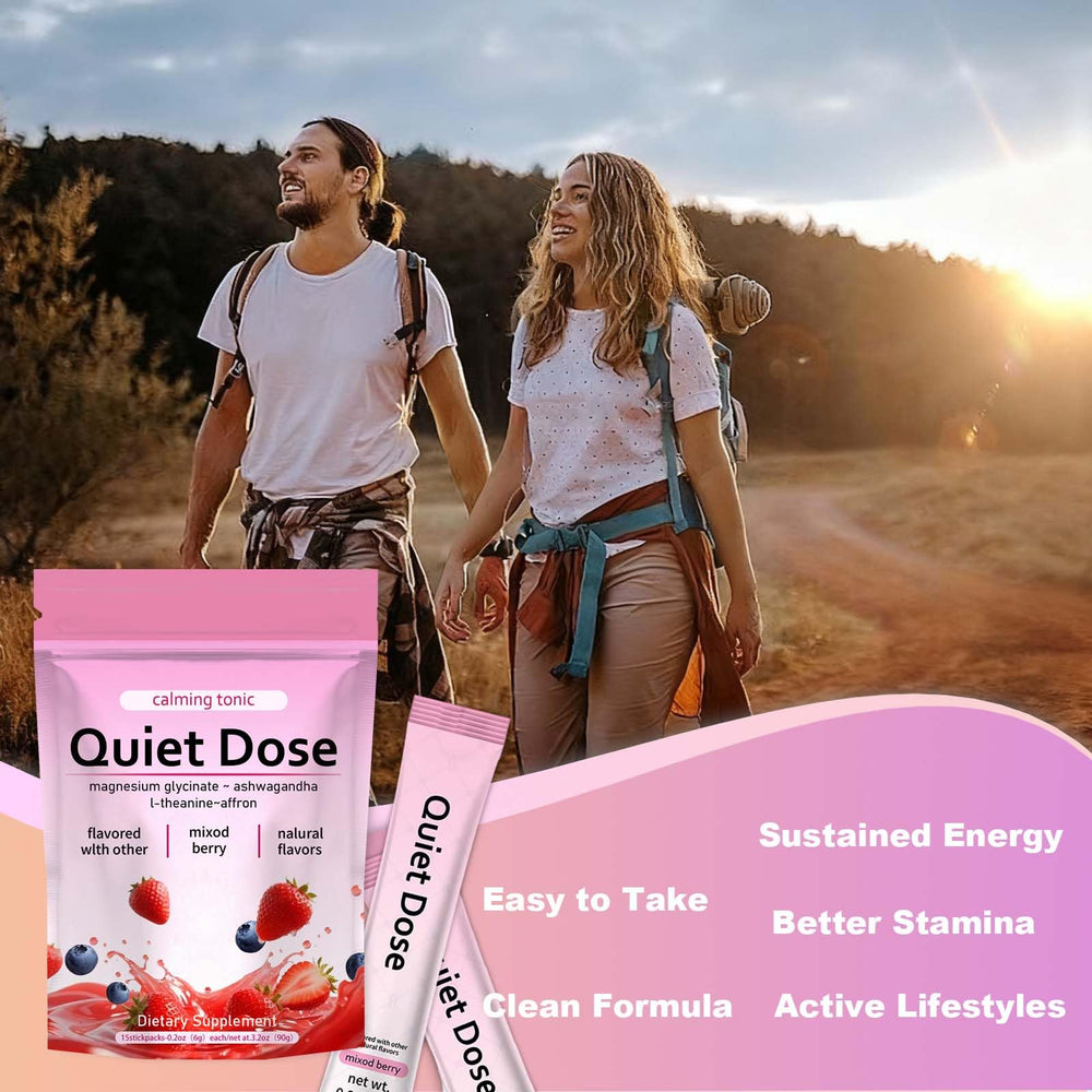 Single-serving Quiet Dose sachets on the go for quick calm moments