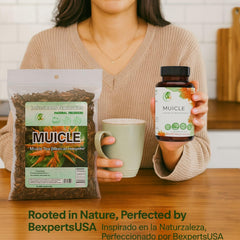 Muicle capsules Forte label close-up highlighting vegan and non-GMO purity.