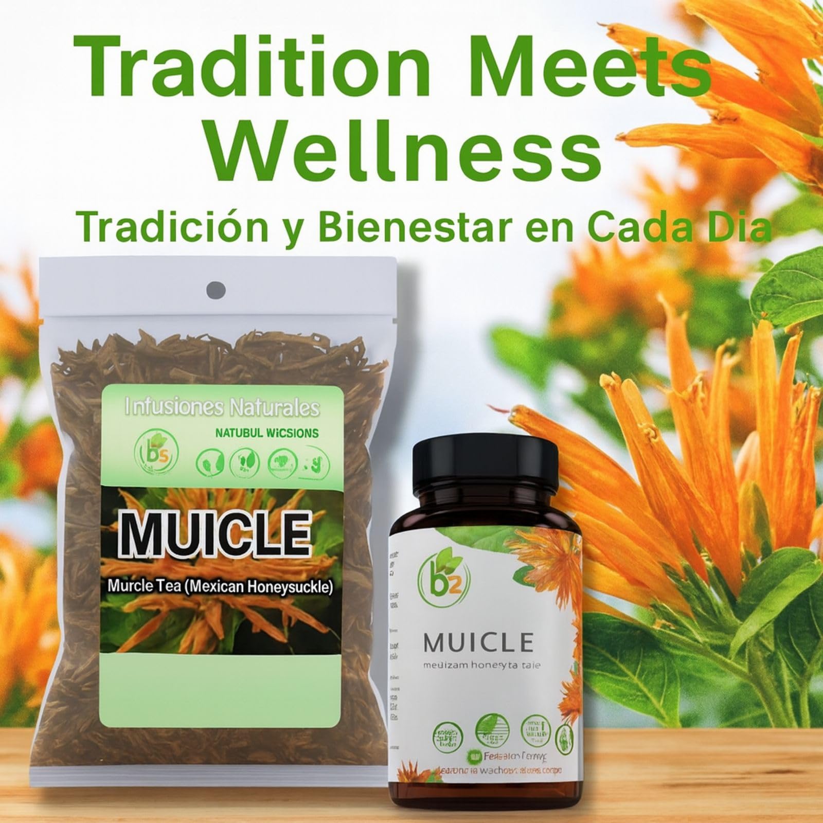 Vegan, non-GMO certification badge on Muicle packaging.