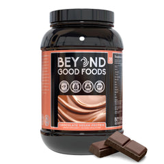 Beyond Good Foods vegan protein powder chocolate bottle showing flavor and packaging for clean protein.