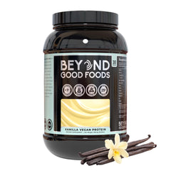 Beyond Good Foods vegan protein powder vanilla scoop for smooth shakes.