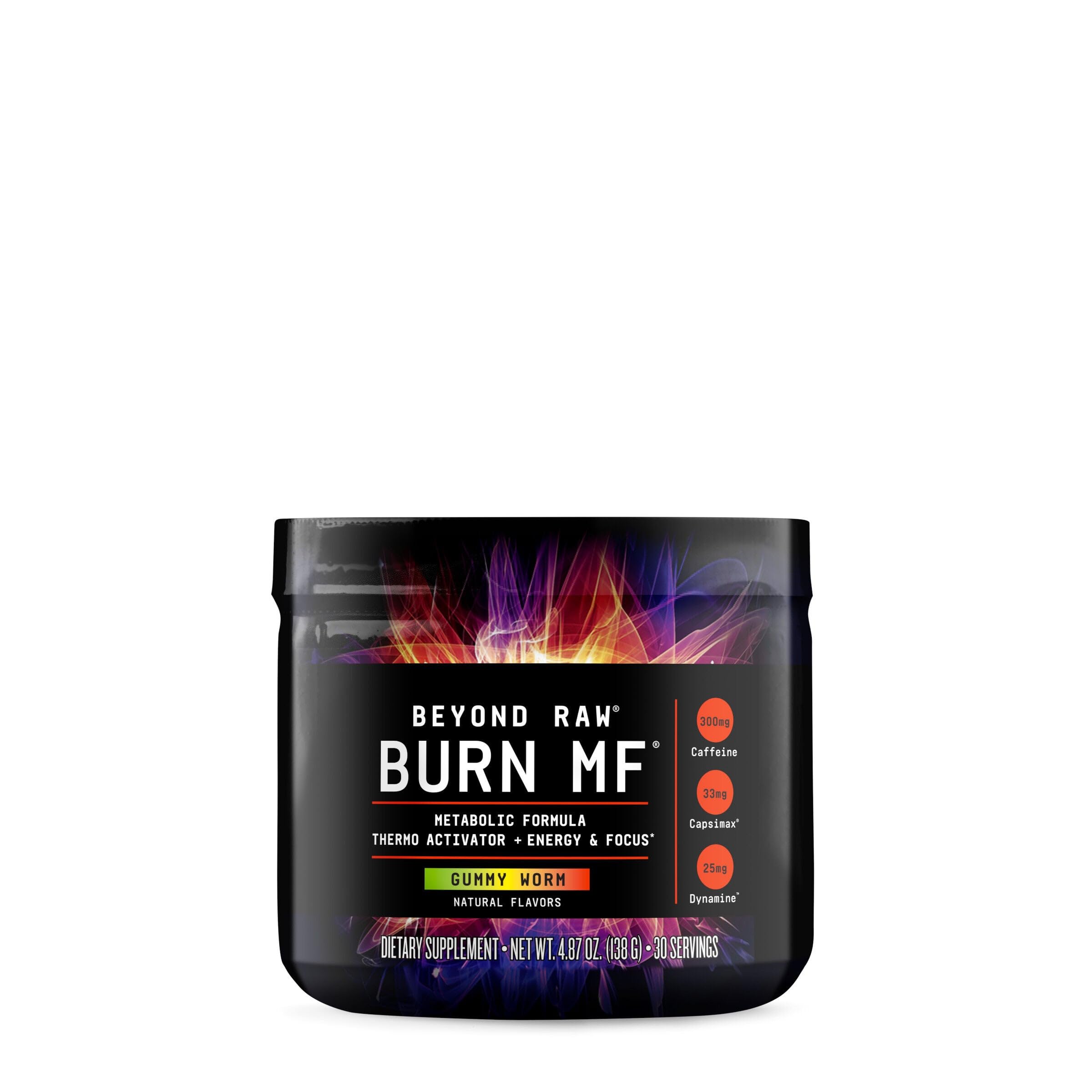 Beyond Raw Burn MF bottle front highlighting an energy-boosting formula for workouts.