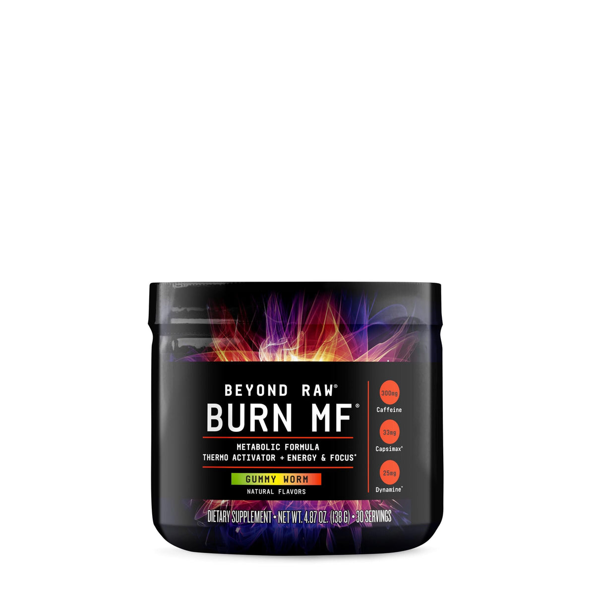 Beyond Raw Burn MF bottle front highlighting an energy-boosting formula for workouts.