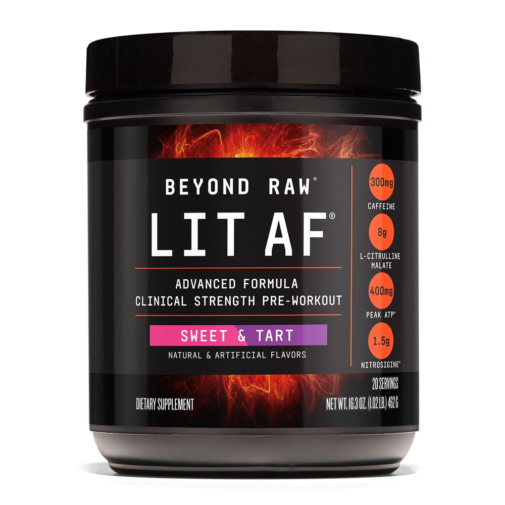 BEYOND RAW LIT AF bottle close-up highlighting energy for workouts.