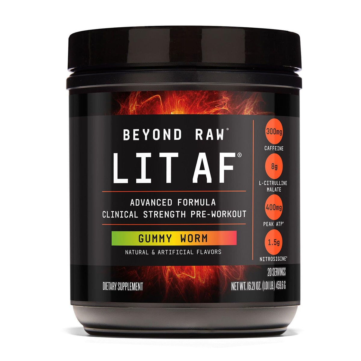 BEYOND RAW LIT AF energizing scoop boosts focus during workouts.