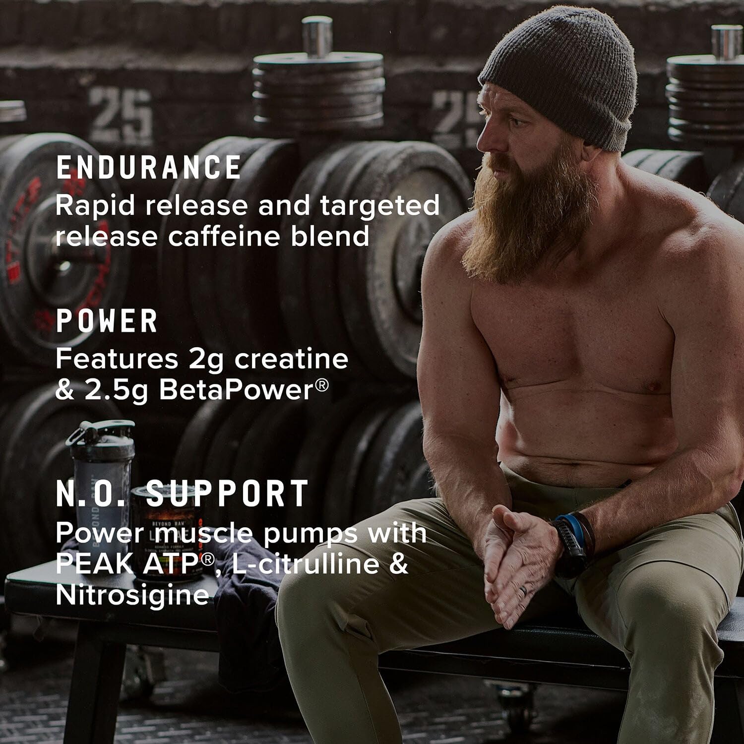 BEYOND RAW LIT AF pre-workout scene hints at strong pumps and energy.