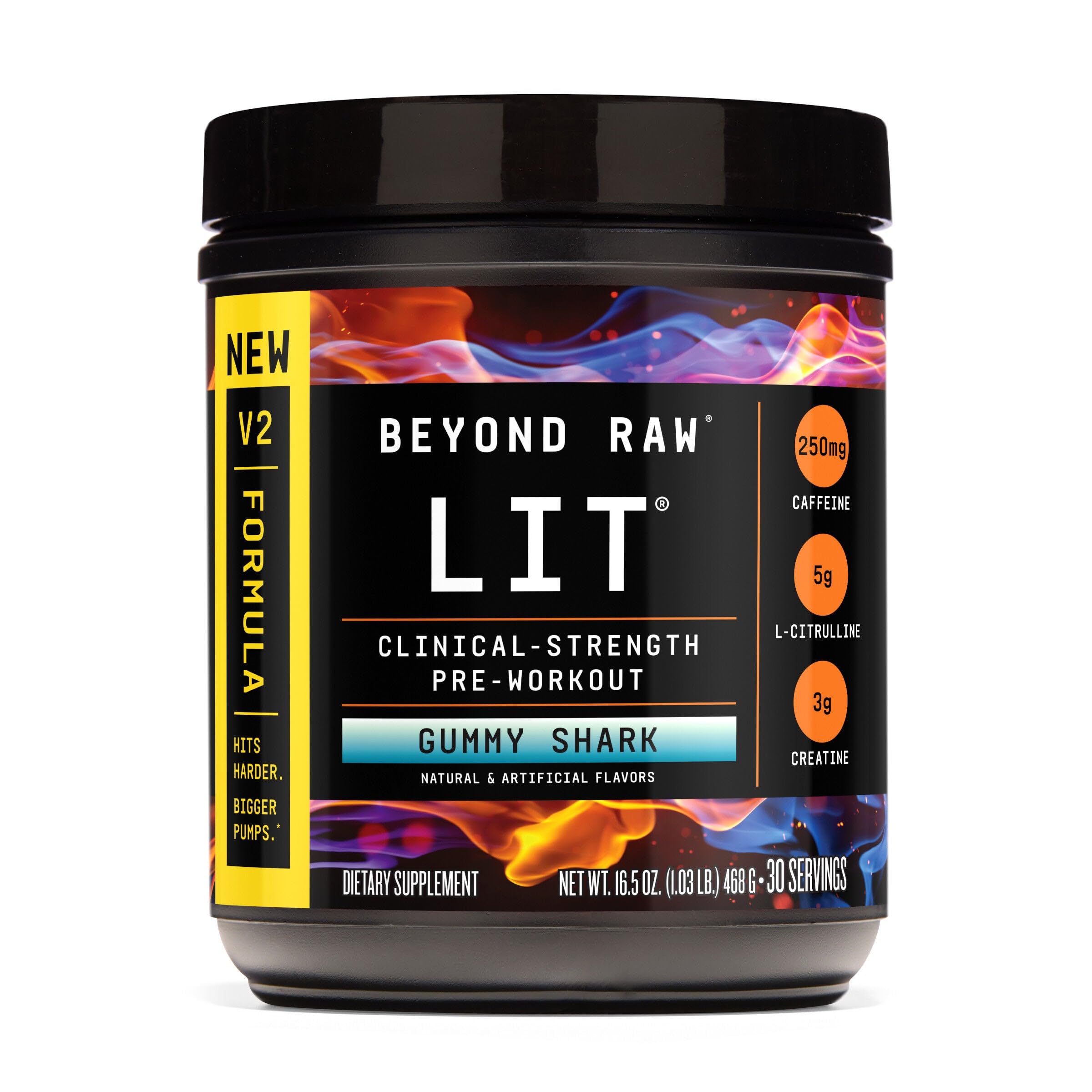 BEYOND RAW LIT V2 canister shown for premium energy and focus during workouts