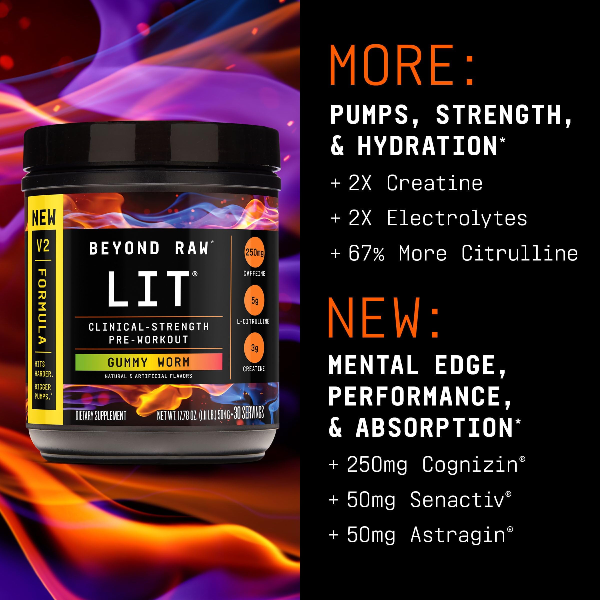 Beyond Raw LIT V2 gummy worm packaging showcases flavor options