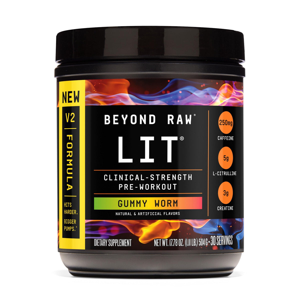 Beyond Raw LIT V2 powder canister front view for intense training sessions