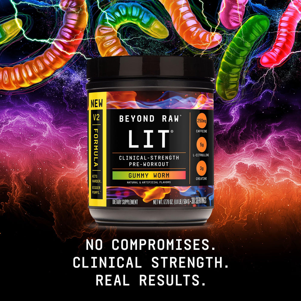 Beyond Raw LIT V2 shaker with mix ready for pre-workout prep