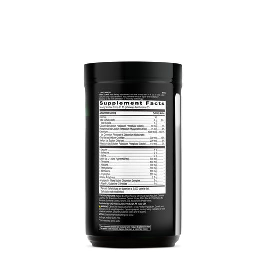 BEYOND RAW Precision Amino bottle side view highlights the protein-supporting formula.