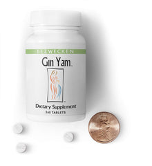 Bezwecken Gin Yam label packaging emphasizes lactose- and gluten-free, vegetarian formulation.