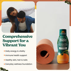 Bido nutrition label closeup highlights ingredients and 60 nutrients.
