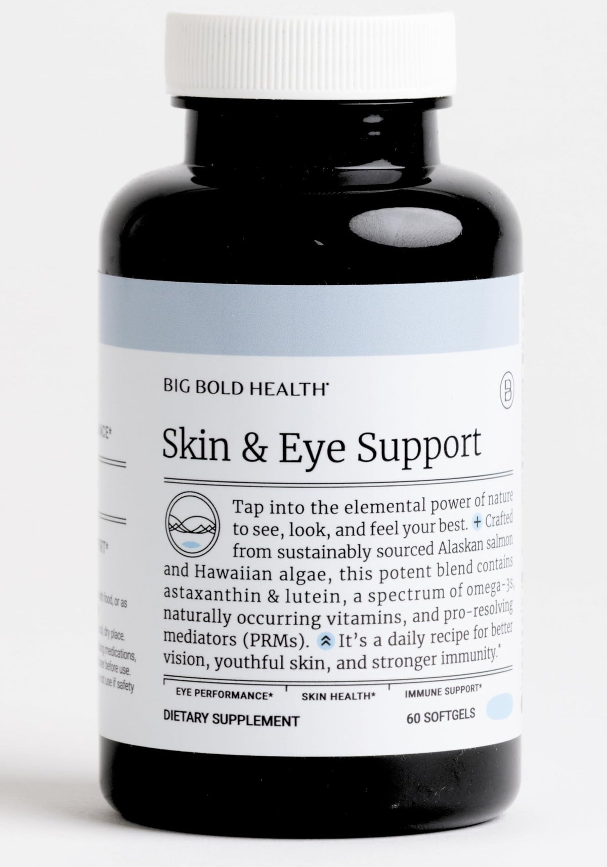 BIG BOLD HEALTH Skin & Eye Support bottle shows omega-3 formula for skin and eye health.