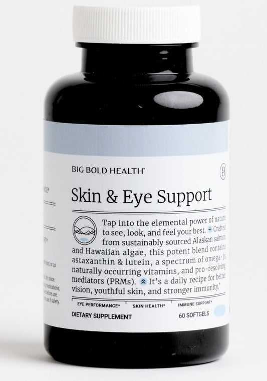 BIG BOLD HEALTH Skin & Eye Support bottle shows omega-3 formula for skin and eye health.