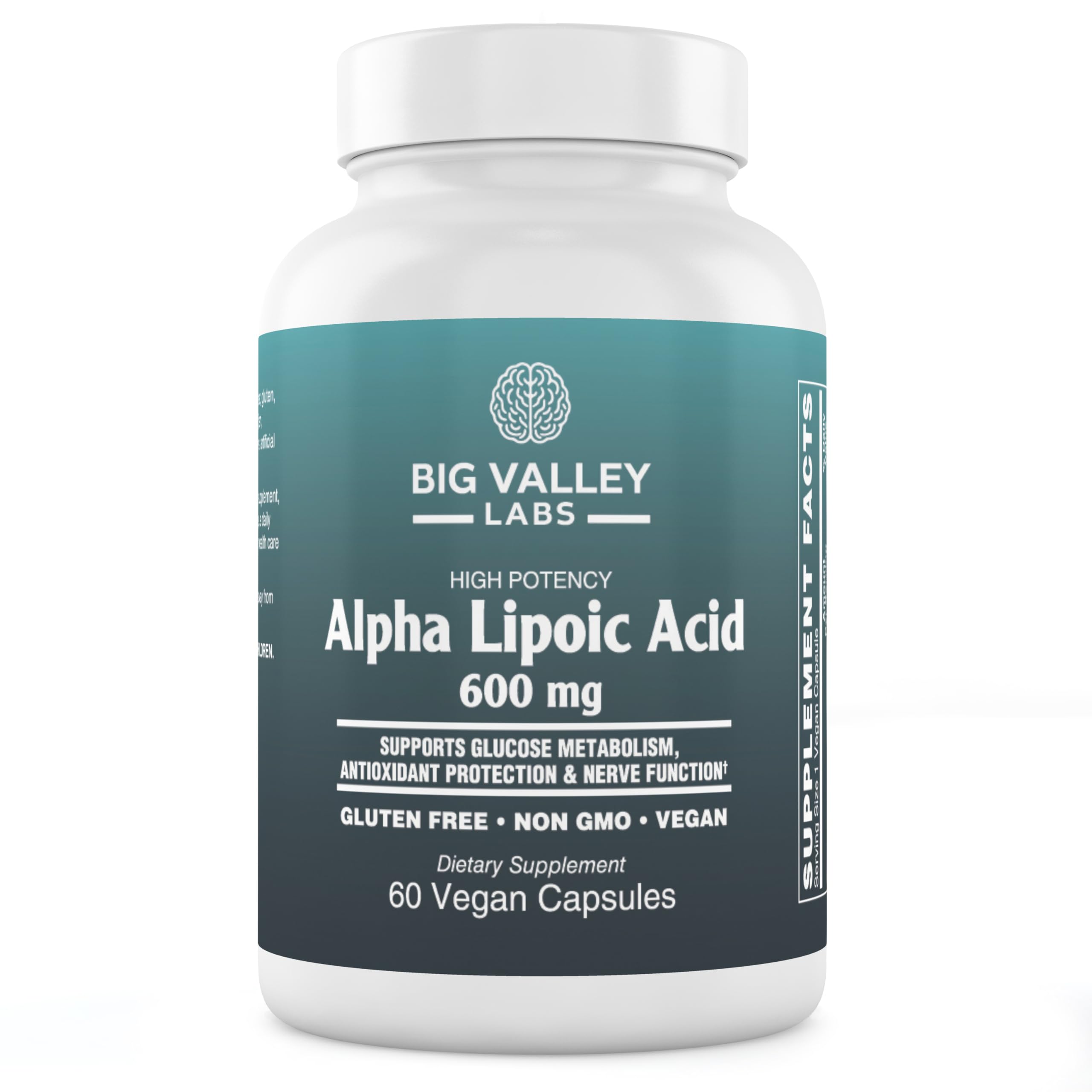 Big Valley Labs Alpha-Lipoic Acid 600 mg bottle on a clean surface for antioxidant support