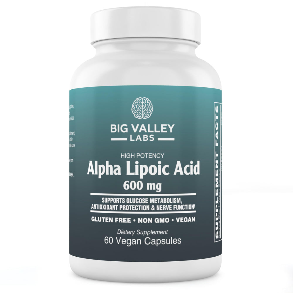 Big Valley Labs Alpha-Lipoic Acid 600 mg bottle on a clean surface for antioxidant support