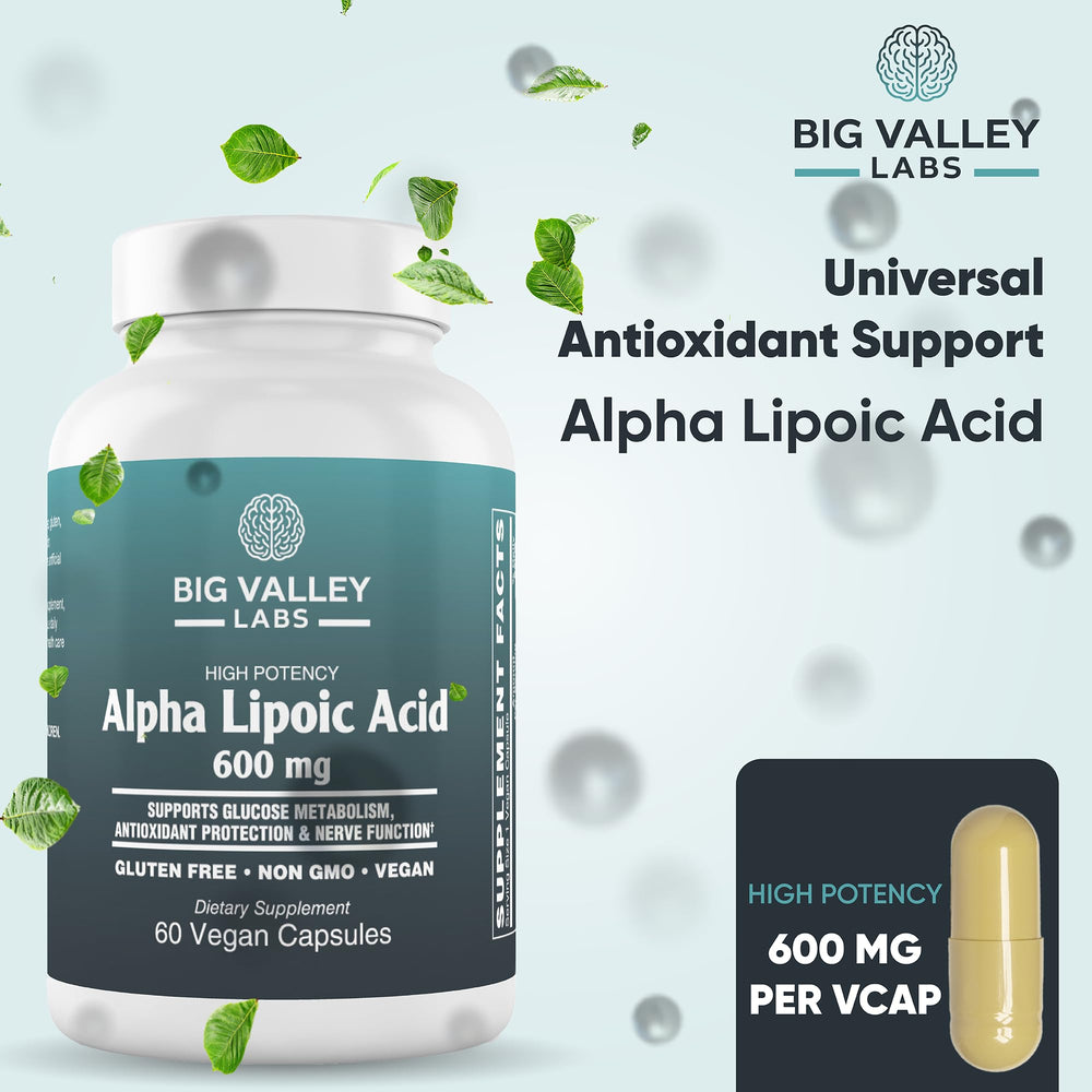 Big Valley Labs Alpha-Lipoic Acid 600 mg label showing product details and purity