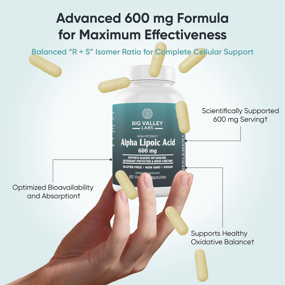 Big Valley Labs Alpha-Lipoic Acid 600 mg icons indicating vegan gluten-free benefits