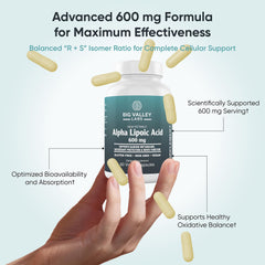 Big Valley Labs Alpha-Lipoic Acid 600 mg icons indicating vegan gluten-free benefits