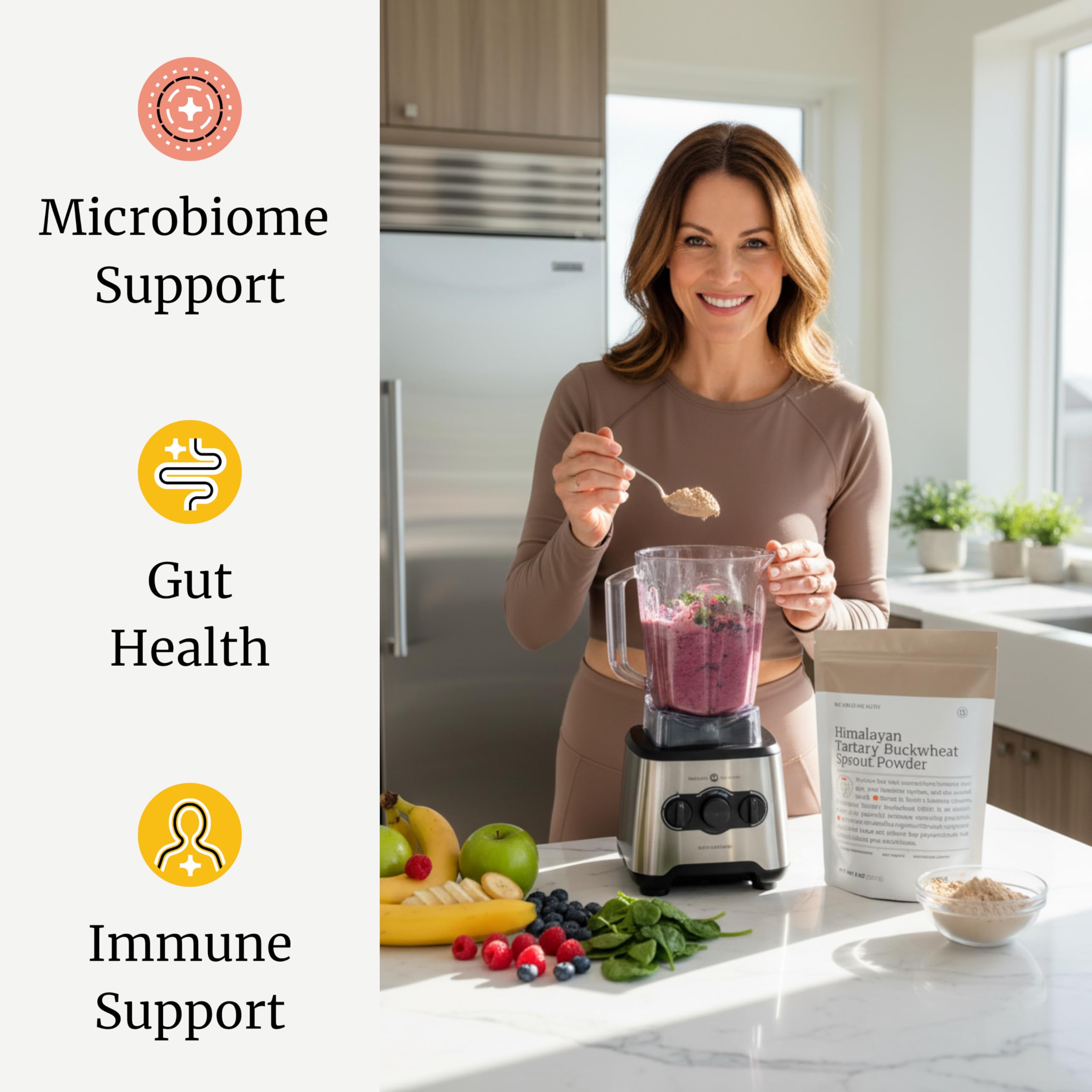 BIG BOLD HEALTH Himalayan Tartary Buckwheat Sprout Powder closeup reveals fine nutrient-dense powder.