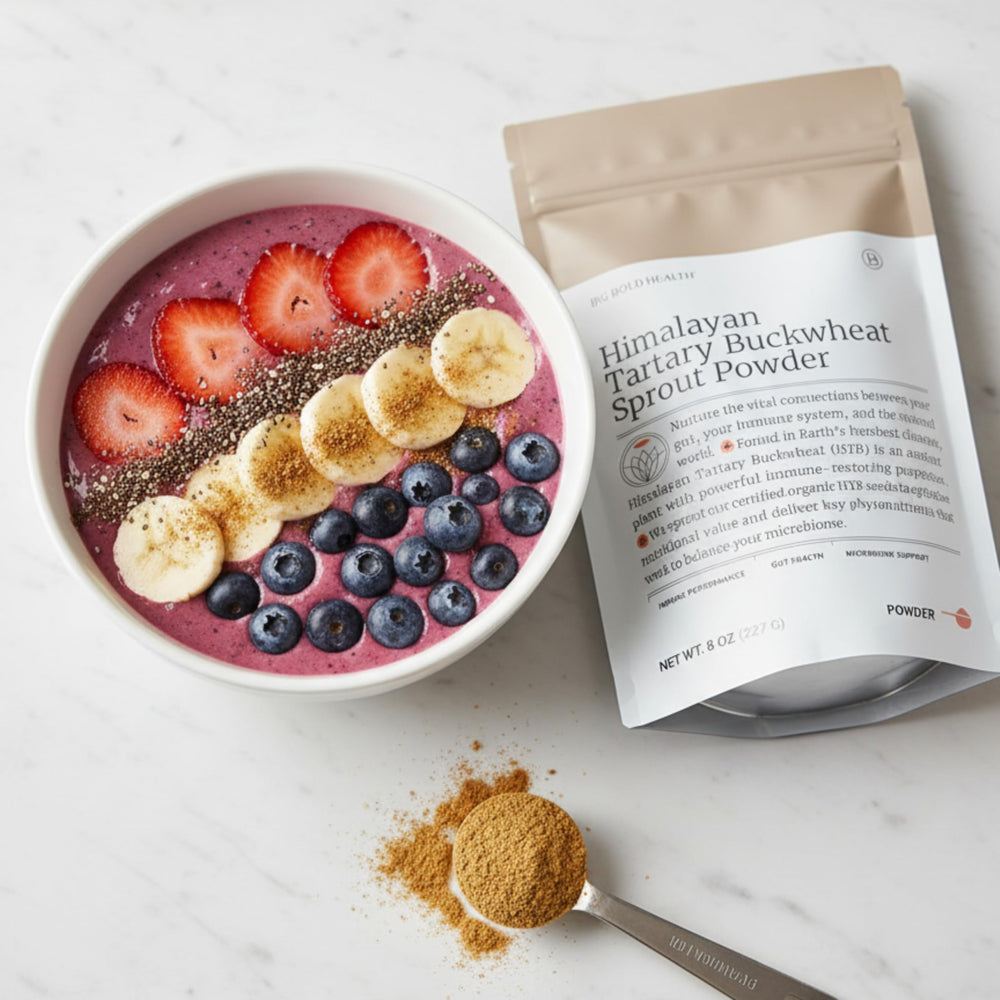 BIG BOLD HEALTH Himalayan Tartary Buckwheat Sprout Powder ingredients label emphasizes non-GMO, gluten-free quality.