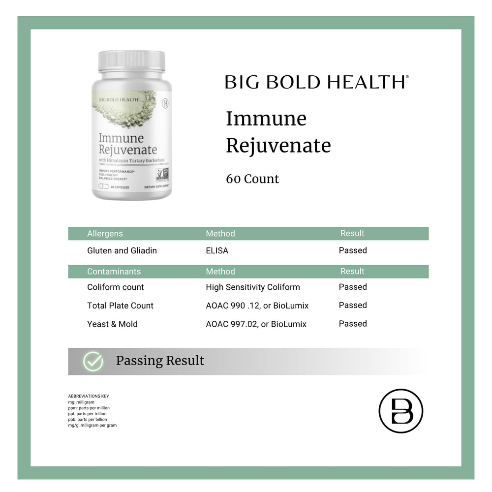 BIG BOLD HEALTH third-party testing seal on Immune Rejuvenate label.