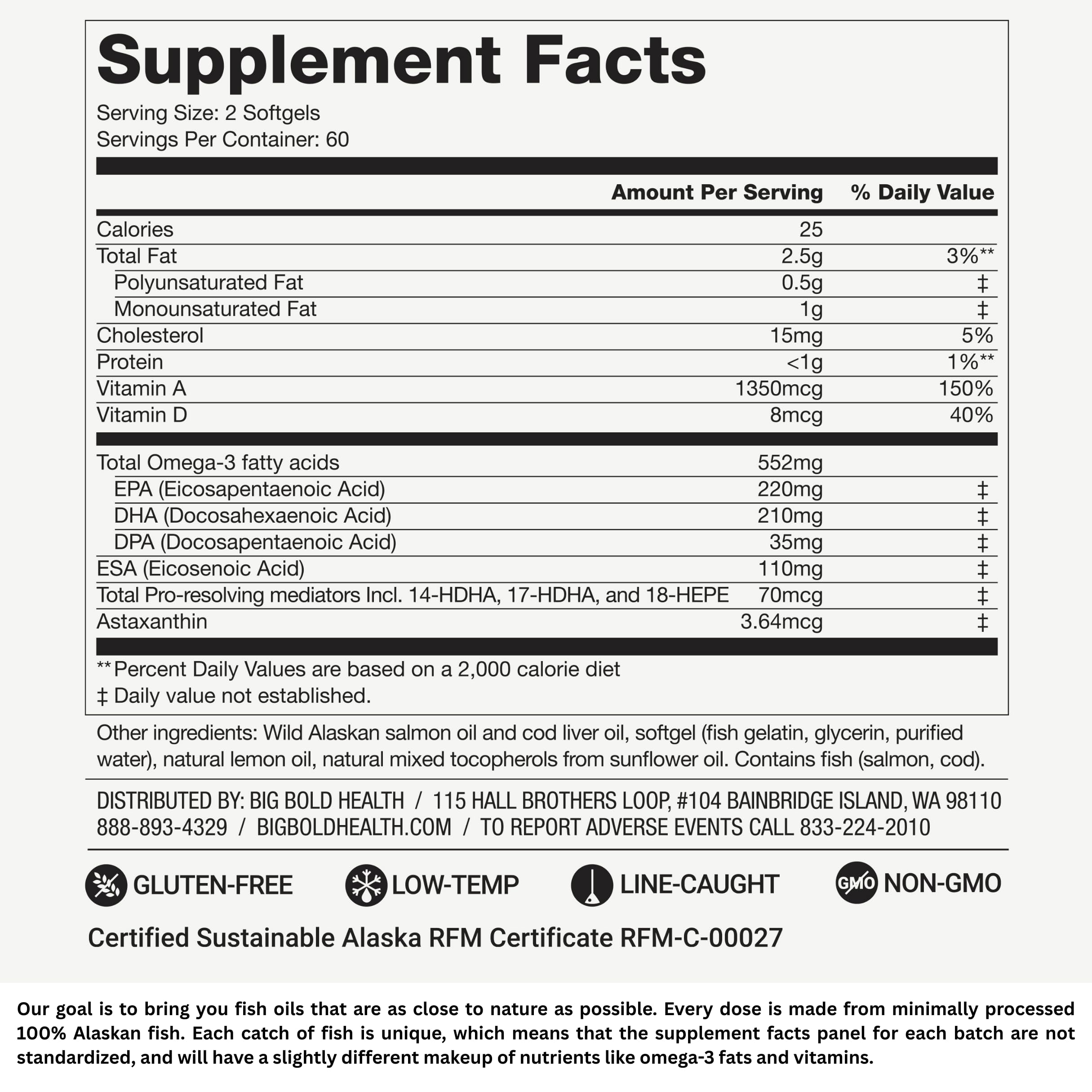 MSC and RFM certified sustainable fishing label on BIG BOLD HEALTH product