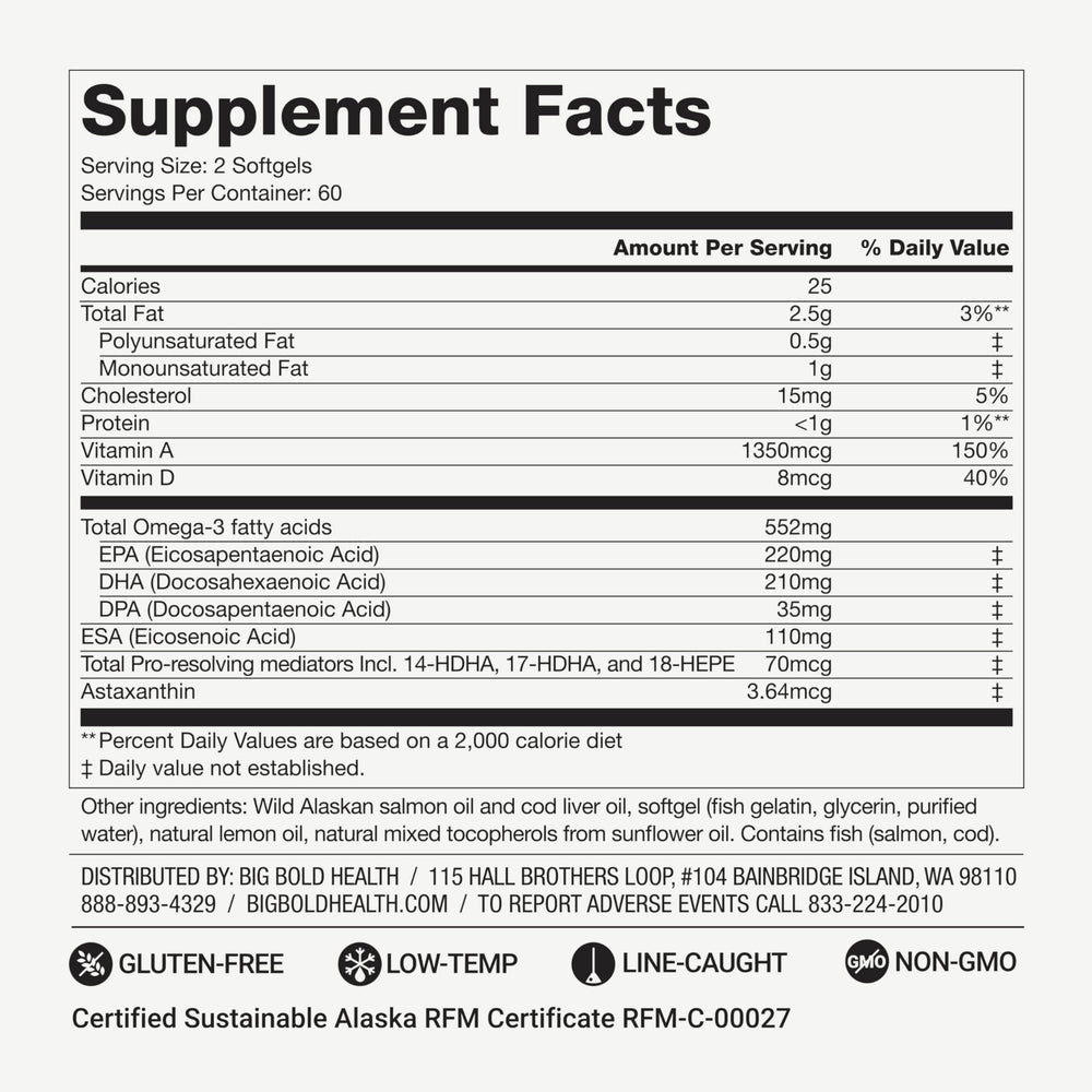 Big Bold Health Omega-3 Rejuvenate wild Alaskan oil pour demonstrating purity.