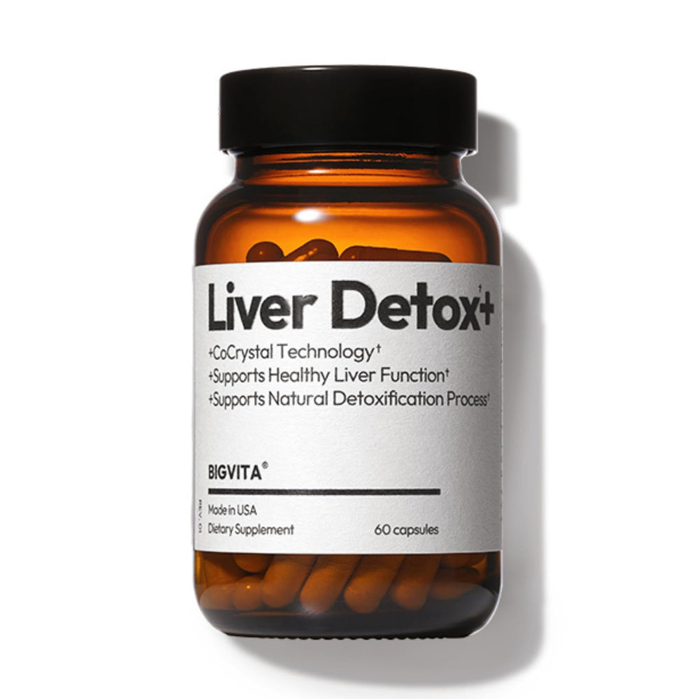 BIGVITA CoCrystal Liver Detox+ bottle on a clean counter showing daily liver support.