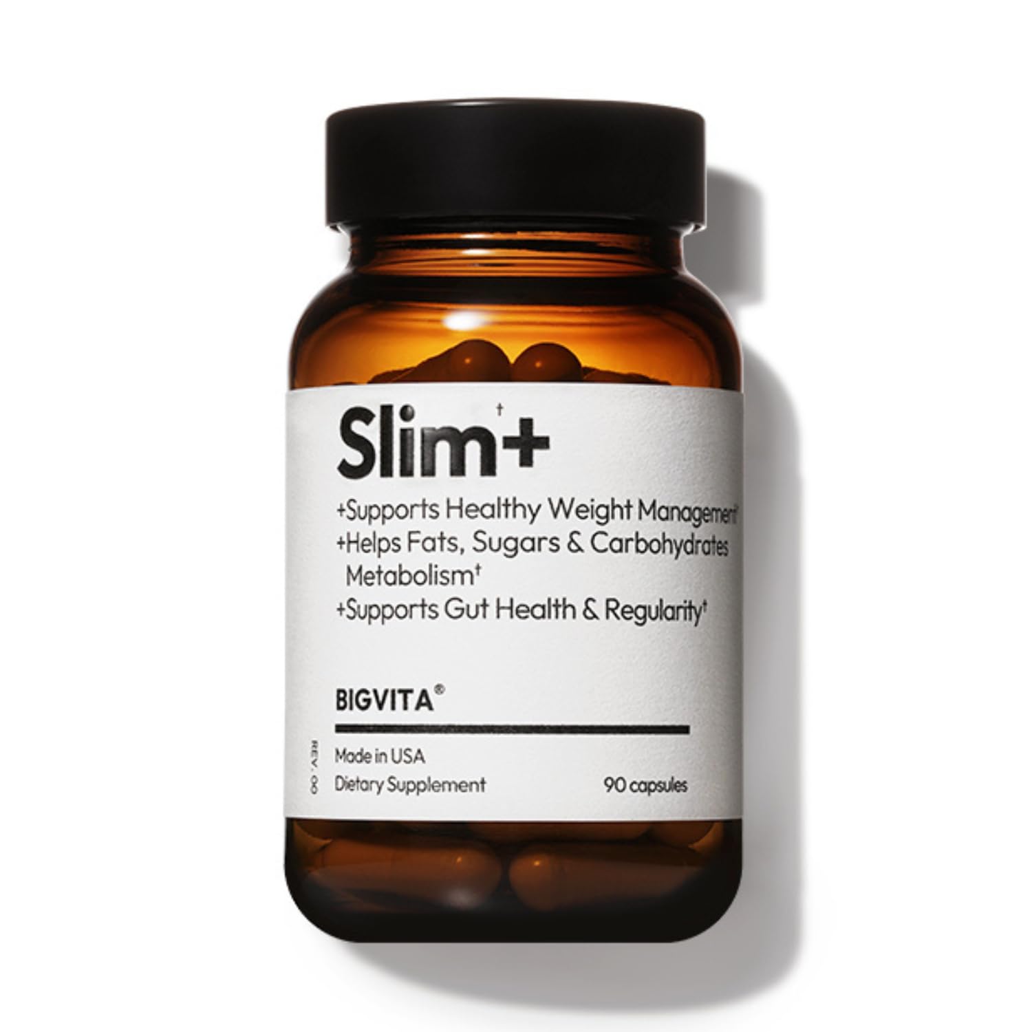 BIGVITA Slim+ bottle on a clean counter signaling convenient daily metabolism support.