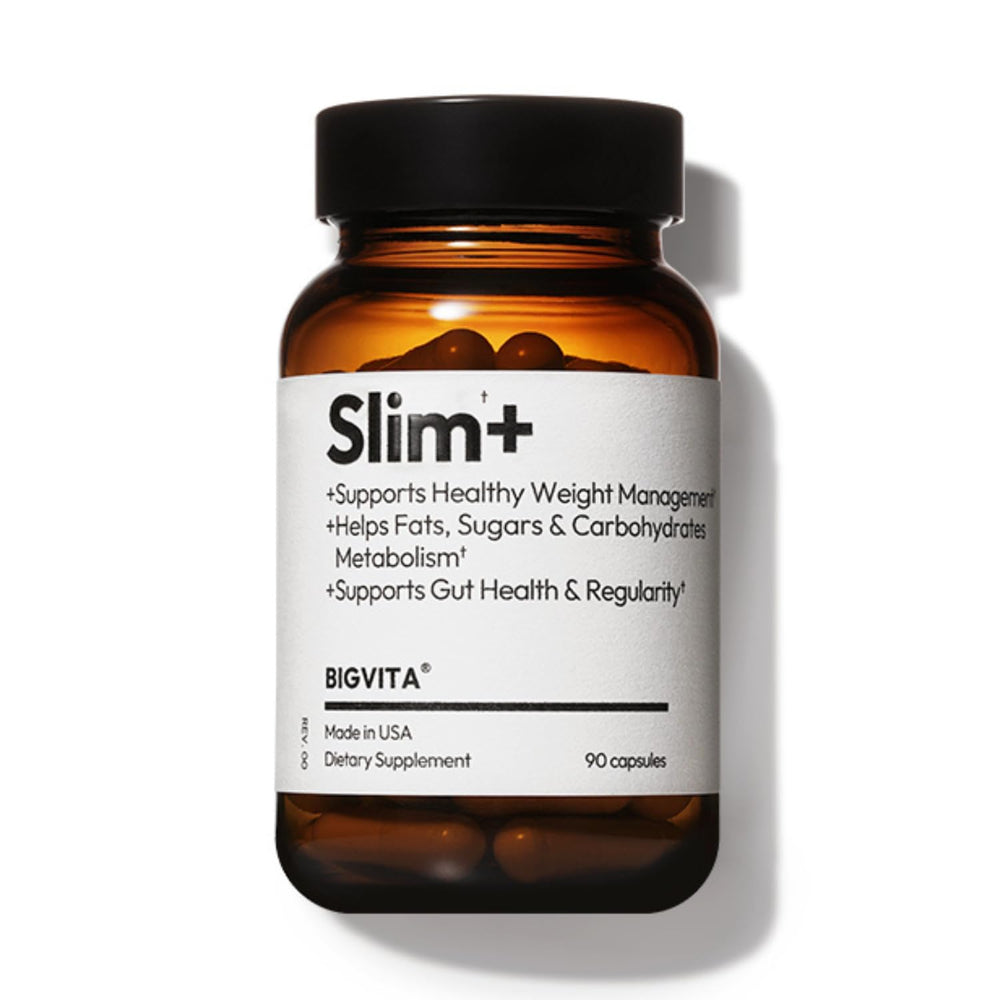 BIGVITA Slim+ bottle on a clean counter signaling convenient daily metabolism support.