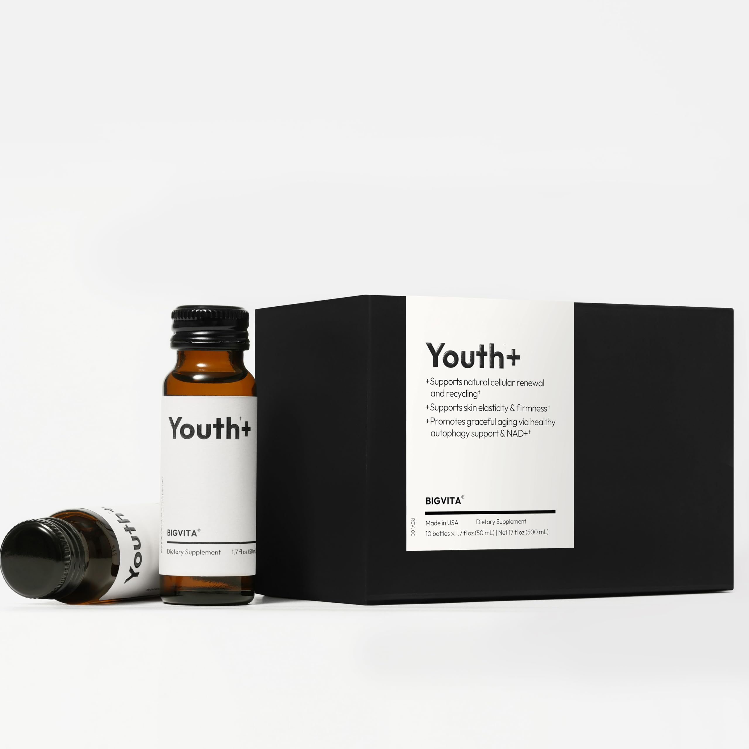 BIGVITA Youth+ ingredients board features NAD+, spermidine, ergothioneine for cellular health.