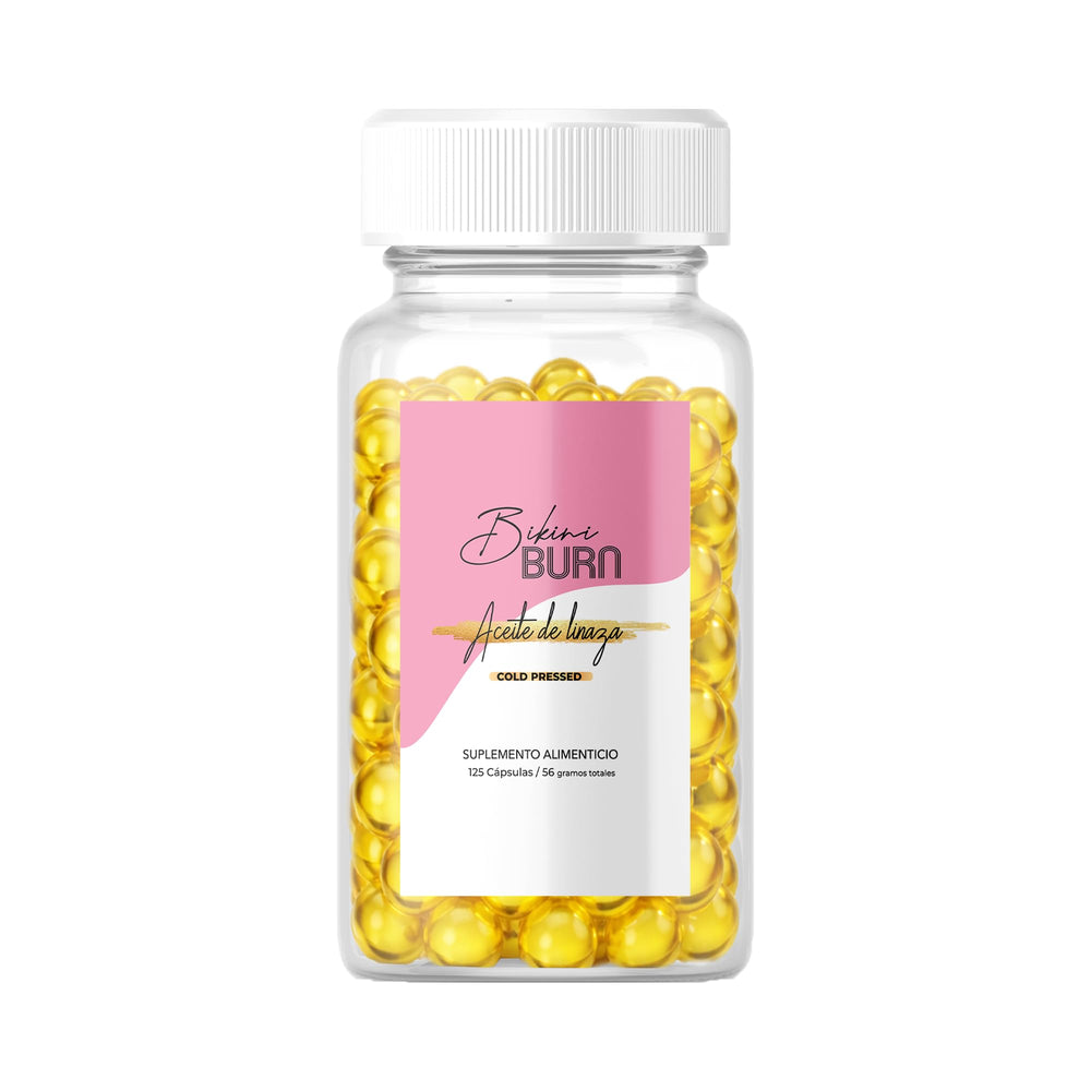 Bikini Burn flax seed oil bottle, cold-pressed and omega-rich for daily nutrition.
