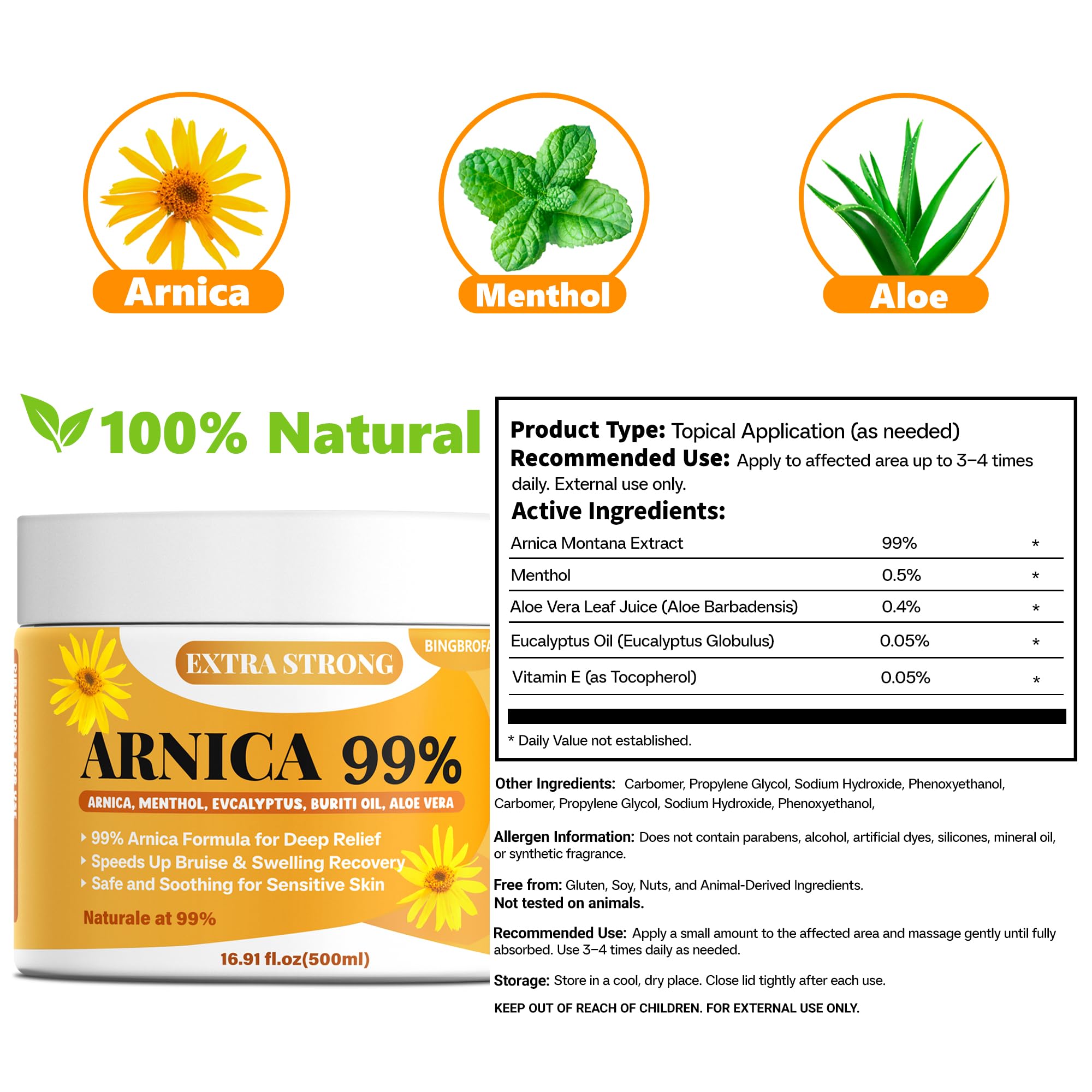 Bingbrofam Arnica Cream with aloe vera for gentle skin comfort during recovery.