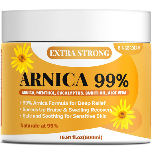 Bingbrofam Arnica Cream jar with 16.9 oz size for bruise relief and recovery.