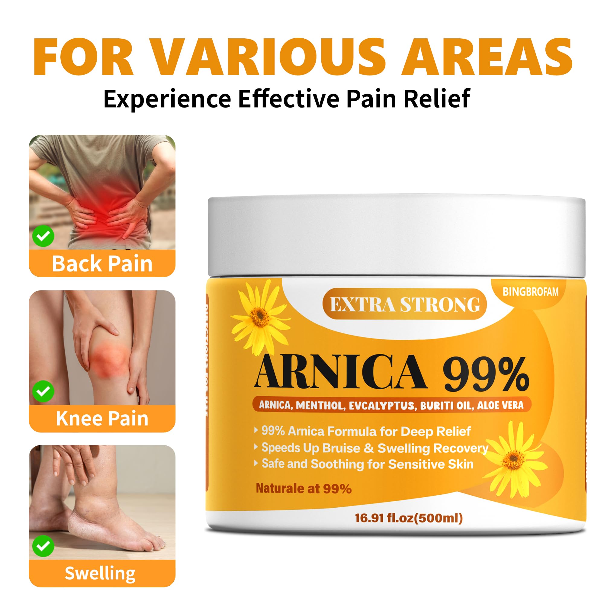 Bingbrofam Arnica Cream featuring eucalyptus oil for crisp cooling and scent.