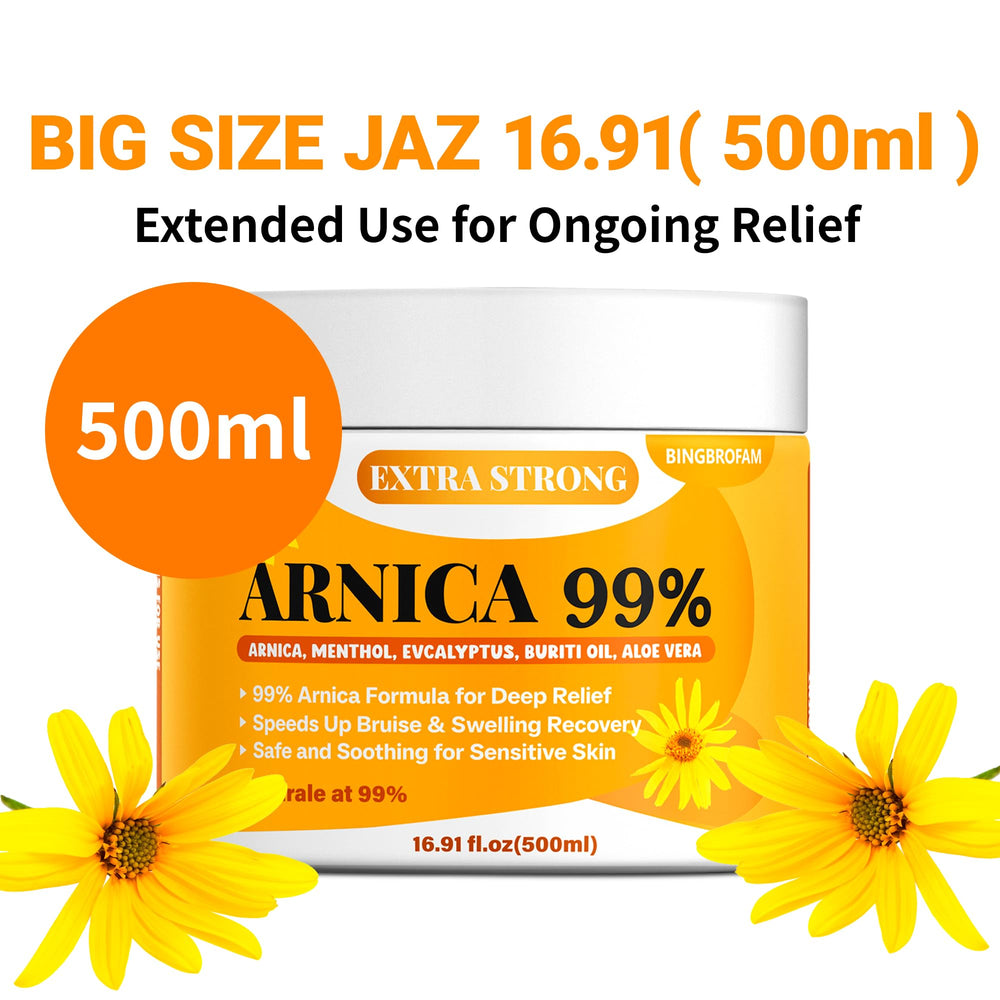 Bingbrofam Arnica Cream in a family-size jar ready for daily use.