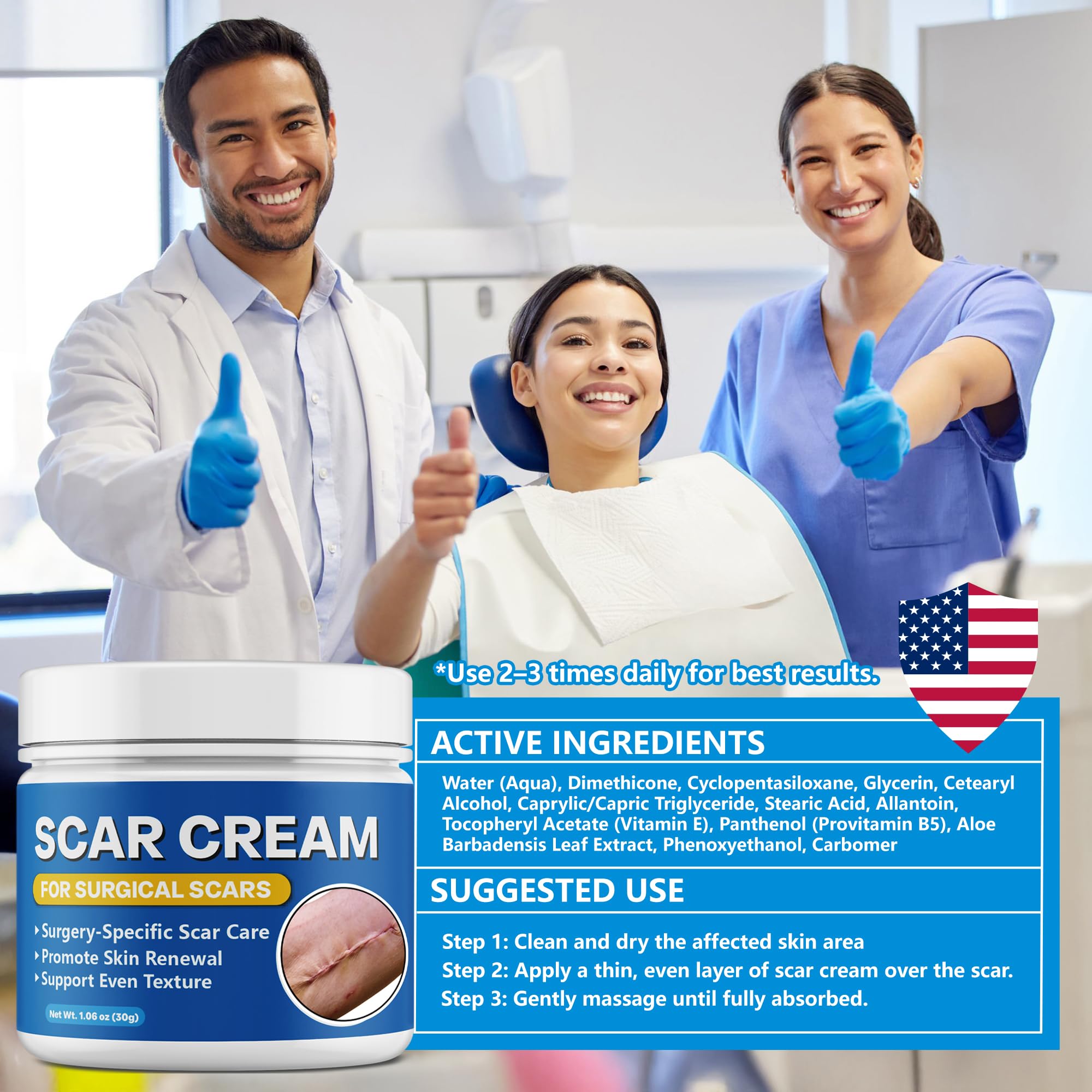 Bingbrofam Scar Cream application routine image illustrating twice-daily care for improved appearance